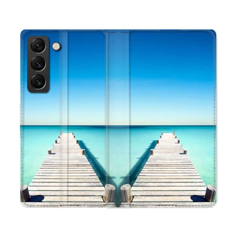 Housse Cuir Portefeuille Pour Samsung Galaxy S22 Ultra Nature Pont Mer