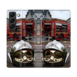 Housse Cuir Portefeuille Pour Samsung Galaxy S22 Ultra Pompier Casque Camion