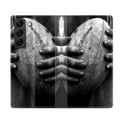 Housse Cuir Portefeuille Pour Samsung Galaxy S22 Ultra Sport Rugby Ballon Vintage
