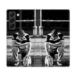 Housse Cuir Portefeuille Pour Samsung Galaxy S22 Ultra Sport Rugby Noir Blanc