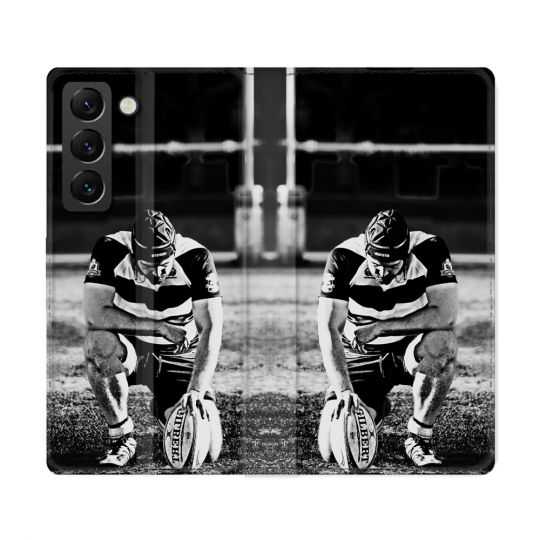 Housse Cuir Portefeuille Pour Samsung Galaxy S22 Ultra Sport Rugby Noir Blanc