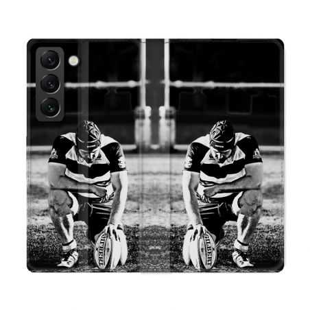 Housse Cuir Portefeuille Pour Samsung Galaxy S22 Ultra Sport Rugby Noir Blanc
