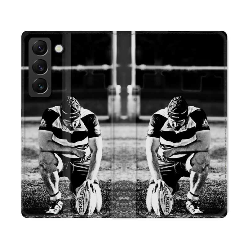 Housse Cuir Portefeuille Pour Samsung Galaxy S22 Ultra Sport Rugby Noir Blanc