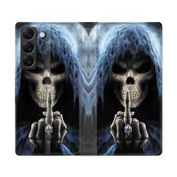 Housse Cuir Portefeuille Pour Samsung Galaxy S22 Ultra Tete de Mort Doigt