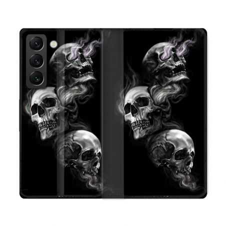 Housse Cuir Portefeuille Pour Samsung Galaxy S22 Ultra Tete de Mort Triple