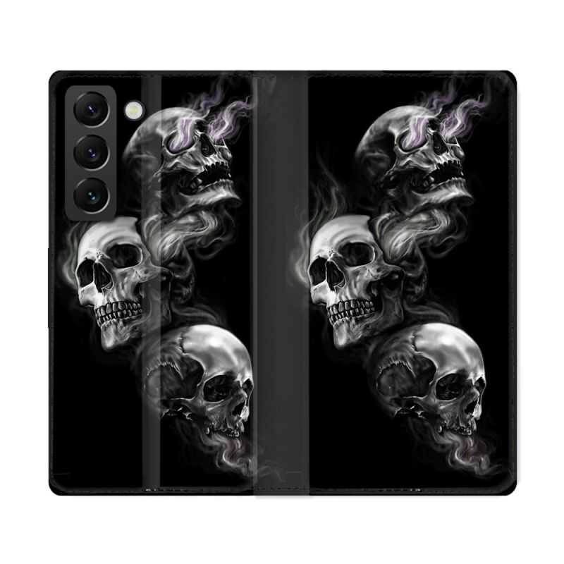 Housse Cuir Portefeuille Pour Samsung Galaxy S22 Ultra Tete de Mort Triple