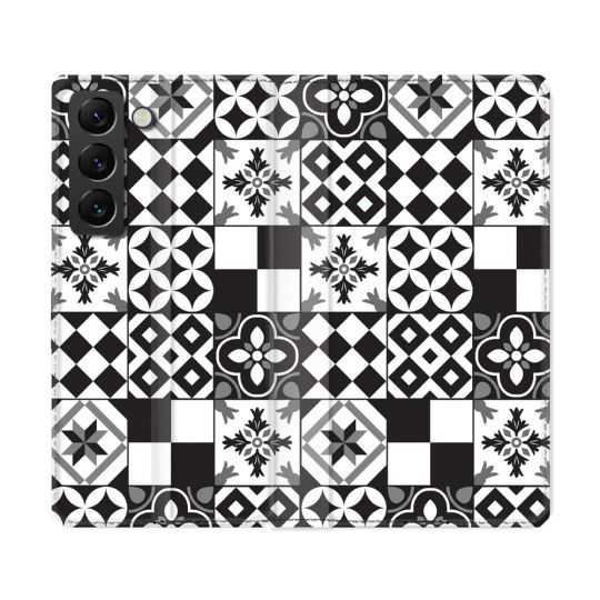 Housse Cuir Portefeuille Pour Samsung Galaxy S22 Ultra Texture Carreau Ciment Noir