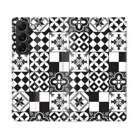 Housse Cuir Portefeuille Pour Samsung Galaxy S22 Ultra Texture Carreau Ciment Noir