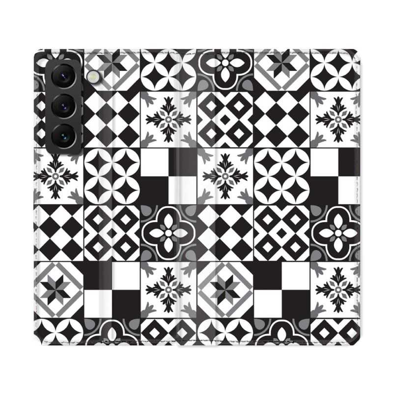 Housse Cuir Portefeuille Pour Samsung Galaxy S22 Ultra Texture Carreau Ciment Noir