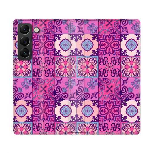 Housse Cuir Portefeuille Pour Samsung Galaxy S22 Ultra Texture Carreau Ciment Violet