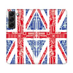 Housse Cuir Portefeuille Pour Samsung Galaxy S22 Ultra Voyage Angleterre Blanc