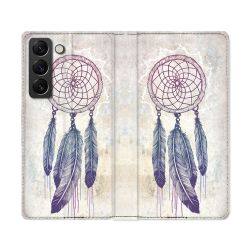 Housse Cuir Portefeuille Pour Samsung Galaxy S22 Ultra Zen Attrape Reve Blanc