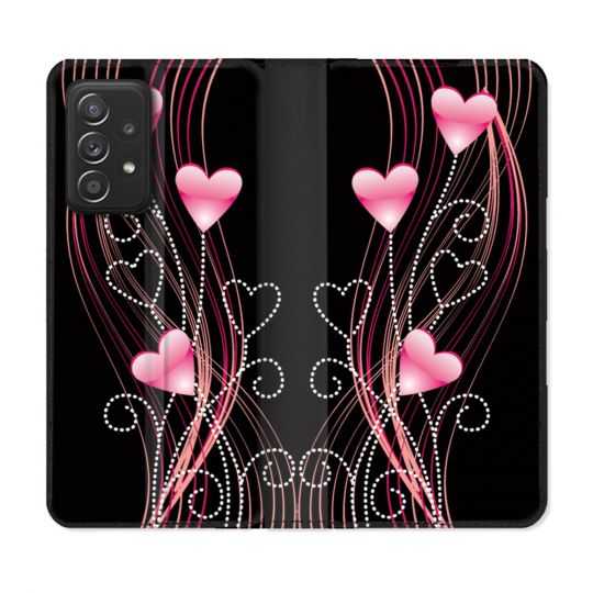 Housse Cuir Portefeuille Pour Samsung Galaxy A33 5G Amour Coeur Rose Montant sur Noir