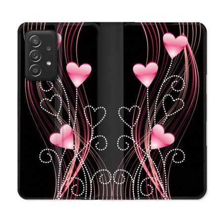 Housse Cuir Portefeuille Pour Samsung Galaxy A33 5G Amour Coeur Rose Montant sur Noir
