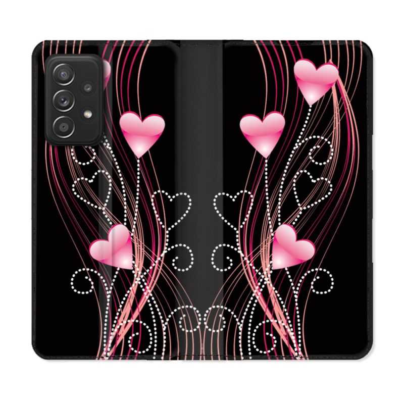 Housse Cuir Portefeuille Pour Samsung Galaxy A53 5G Amour Coeur Rose Montant sur Noir