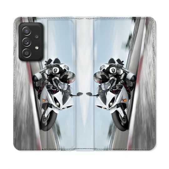 Housse Cuir Portefeuille Pour Samsung Galaxy A53 5G Moto Course GP Blanche