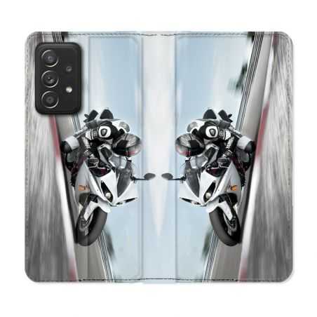 Housse Cuir Portefeuille Pour Samsung Galaxy A53 5G Moto Course GP Blanche