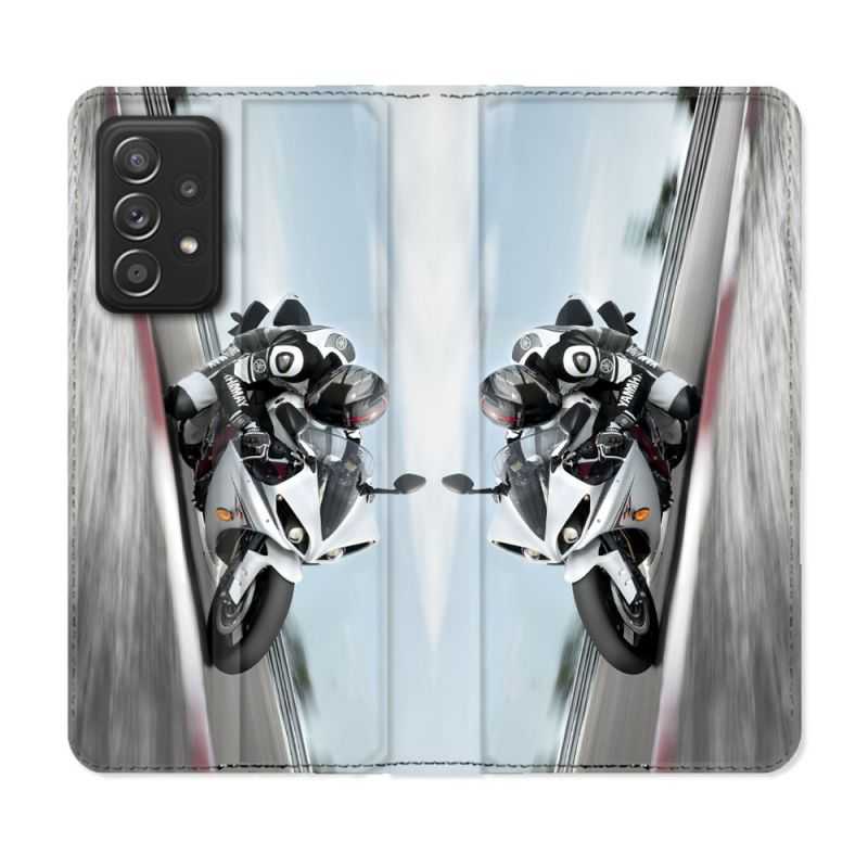 Housse Cuir Portefeuille Pour Samsung Galaxy A53 5G Moto Course GP Blanche