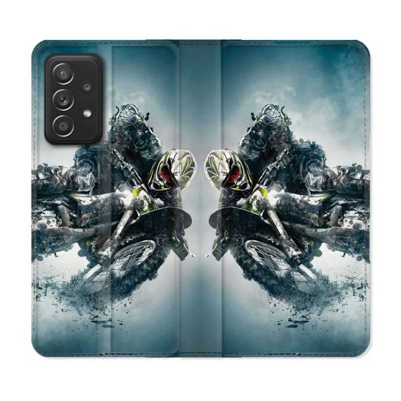 Housse Cuir Portefeuille Pour Samsung Galaxy A53 5G Moto Cross Ombre