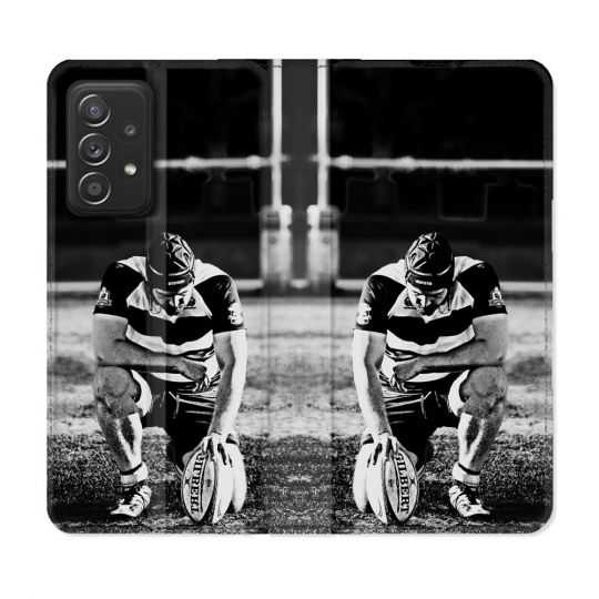 Housse Cuir Portefeuille Pour Samsung Galaxy A53 5G Sport Rugby Noir Blanc