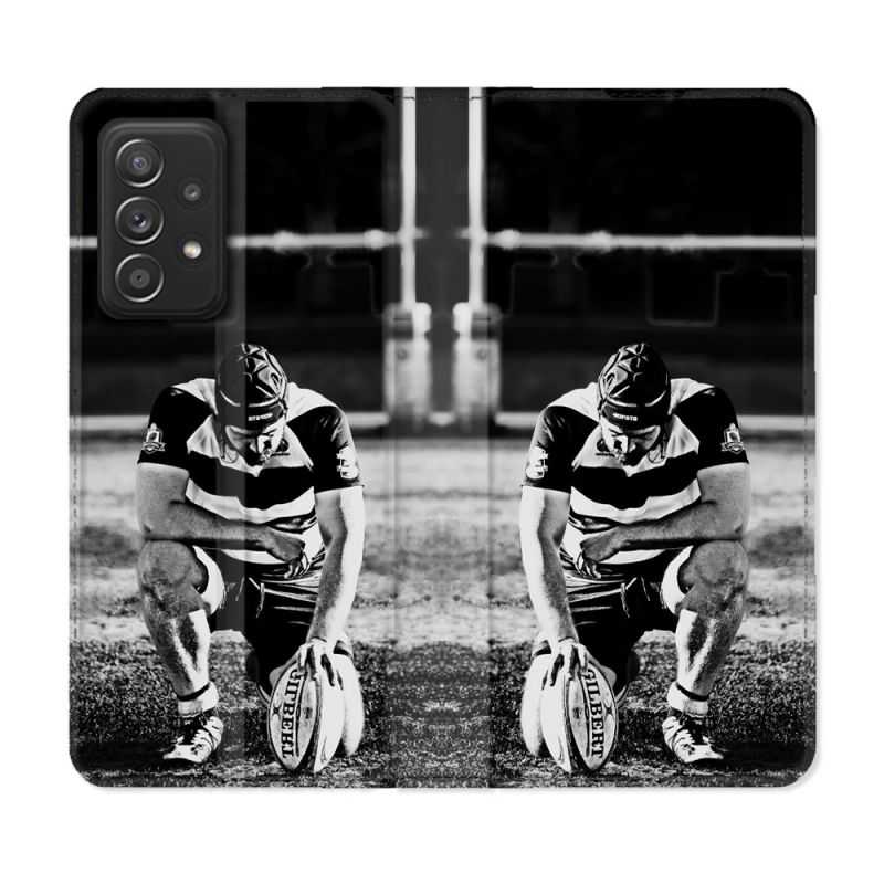 Housse Cuir Portefeuille Pour Samsung Galaxy A53 5G Sport Rugby Noir Blanc