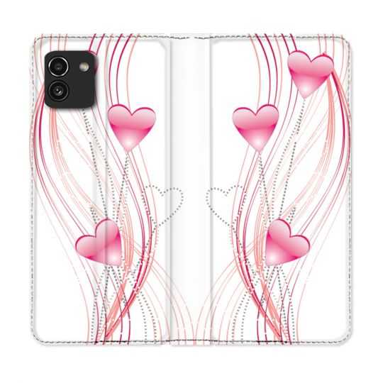 Housse Cuir Portefeuille pour Samsung Galaxy A03 Amour Coeur Rose Montant sur Blanc