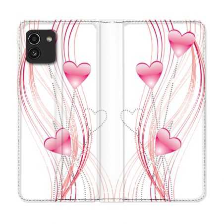 Housse Cuir Portefeuille pour Samsung Galaxy A03 Amour Coeur Rose Montant sur Blanc