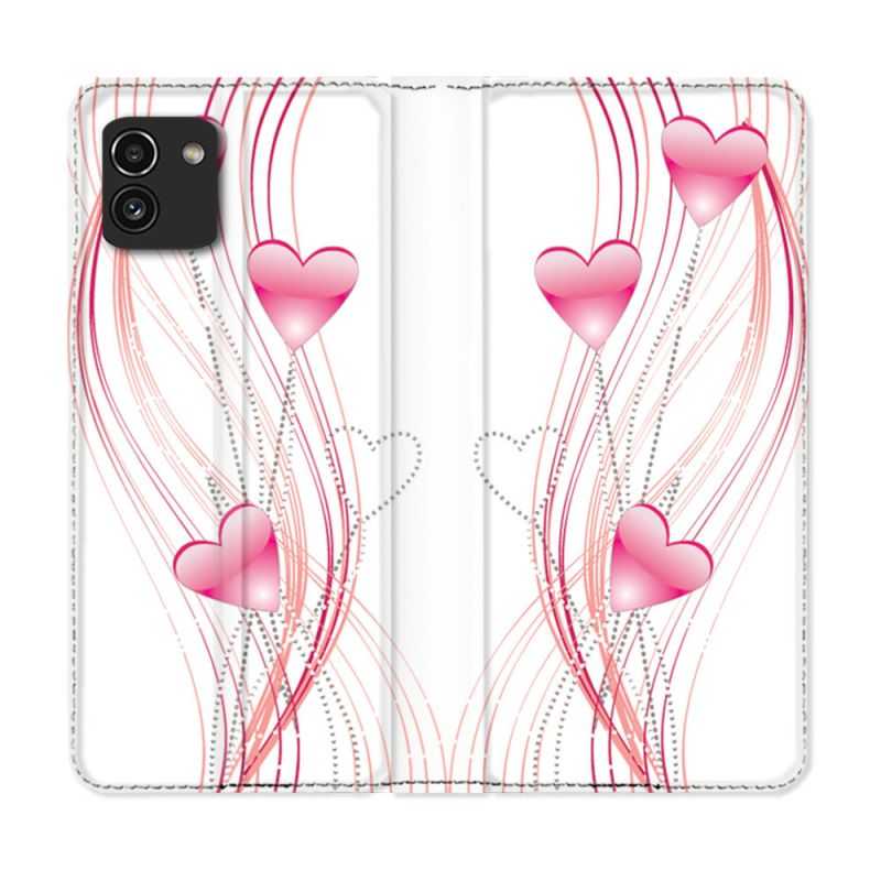 Housse Cuir Portefeuille pour Samsung Galaxy A03 Amour Coeur Rose Montant sur Blanc