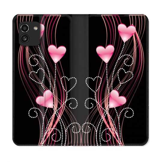 Housse Cuir Portefeuille pour Samsung Galaxy A03 Amour Coeur Rose Montant sur Noir