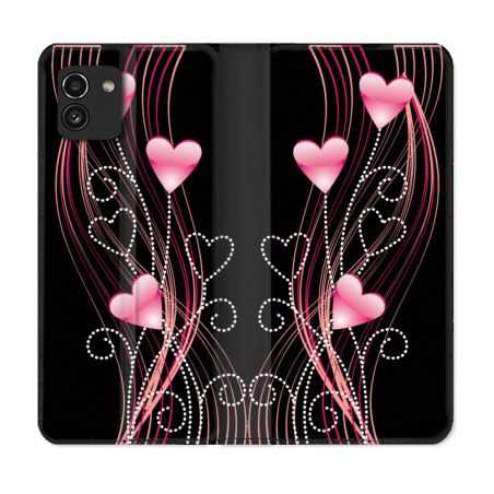 Housse Cuir Portefeuille pour Samsung Galaxy A03 Amour Coeur Rose Montant sur Noir