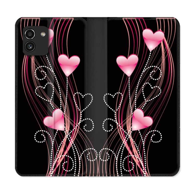 Housse Cuir Portefeuille pour Samsung Galaxy A03 Amour Coeur Rose Montant sur Noir