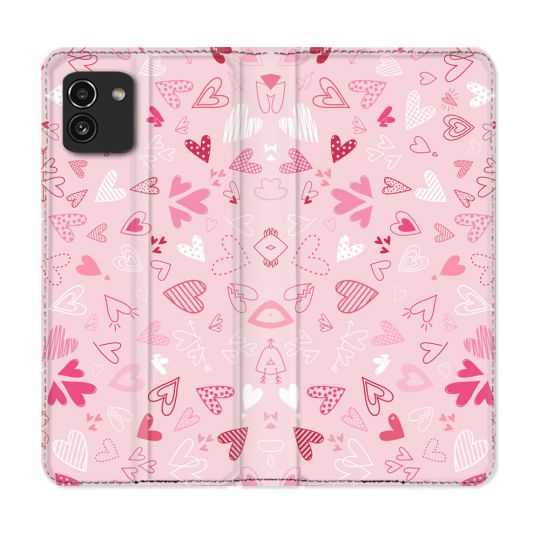 Housse Cuir Portefeuille pour Samsung Galaxy A03 Amour Ptis Coeurs