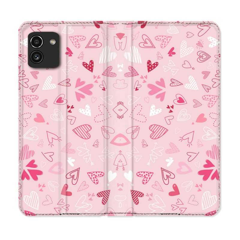 Housse Cuir Portefeuille pour Samsung Galaxy A03 Amour Ptis Coeurs