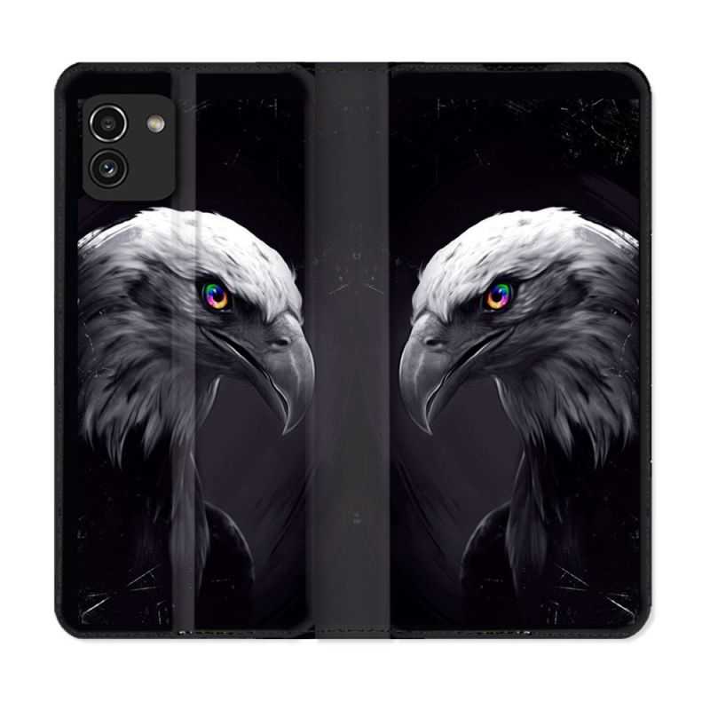 Housse Cuir Portefeuille pour Samsung Galaxy A03 Animal Aigle Royal Noir