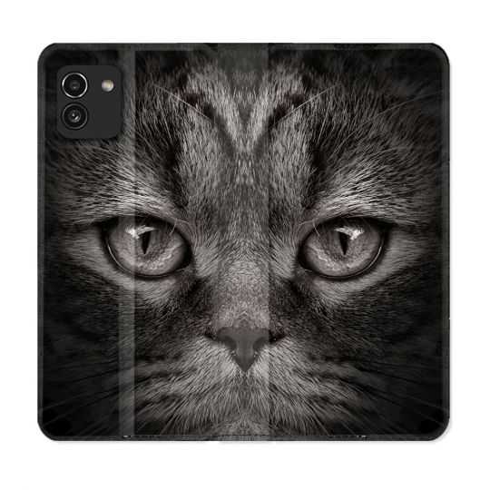 Housse Cuir Portefeuille pour Samsung Galaxy A03 Animal Chat Gris