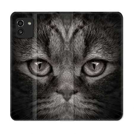 Housse Cuir Portefeuille pour Samsung Galaxy A03 Animal Chat Gris