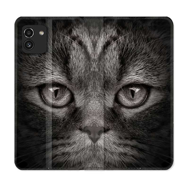Housse Cuir Portefeuille pour Samsung Galaxy A03 Animal Chat Gris