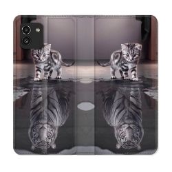 Housse Cuir Portefeuille pour Samsung Galaxy A03 Animal Chat Reflet