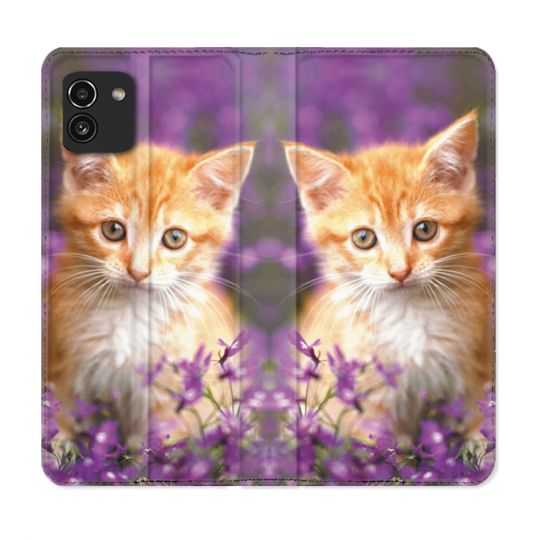 Housse Cuir Portefeuille pour Samsung Galaxy A03 Animal Chat Violet