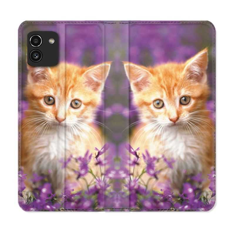 Housse Cuir Portefeuille pour Samsung Galaxy A03 Animal Chat Violet