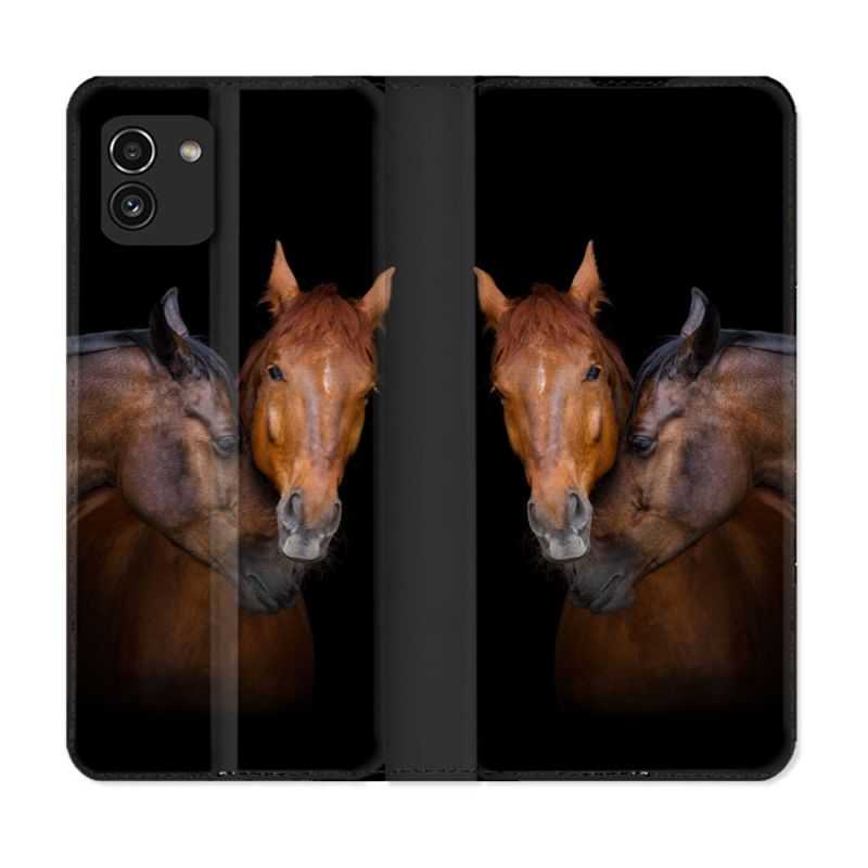 Housse Cuir Portefeuille pour Samsung Galaxy A03 Animal Cheval Marron