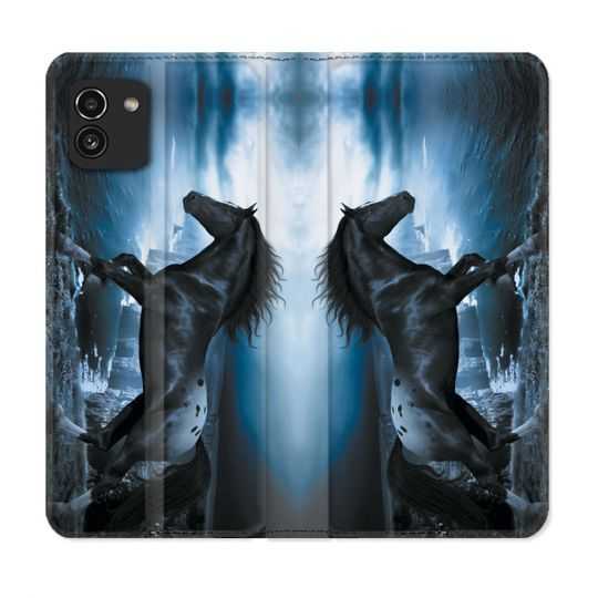 Housse Cuir Portefeuille pour Samsung Galaxy A03 Animal Cheval Noir