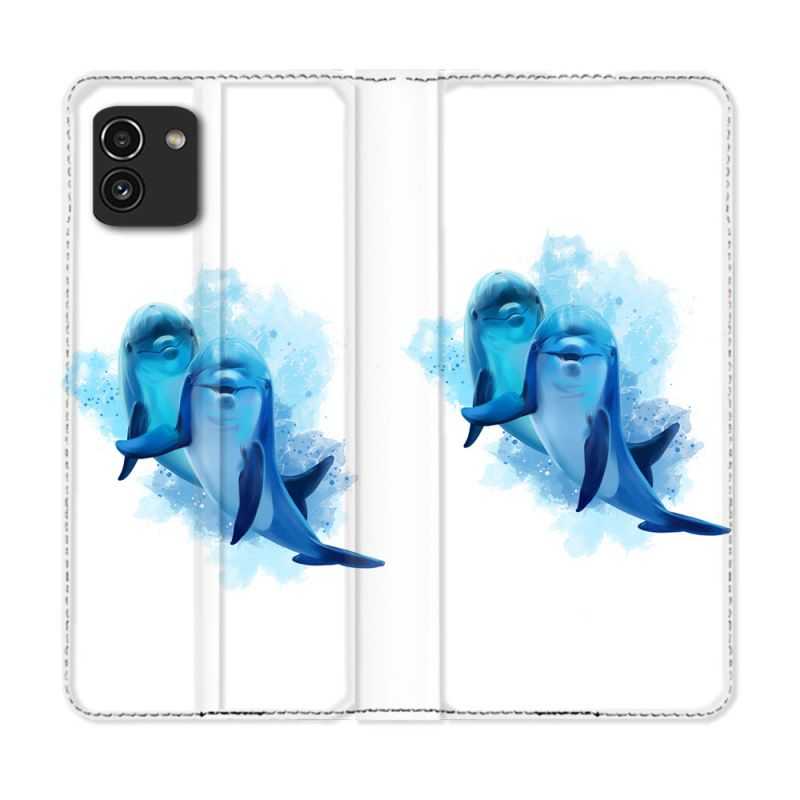 Housse Cuir Portefeuille pour Samsung Galaxy A03 Animal Dauphin Duo