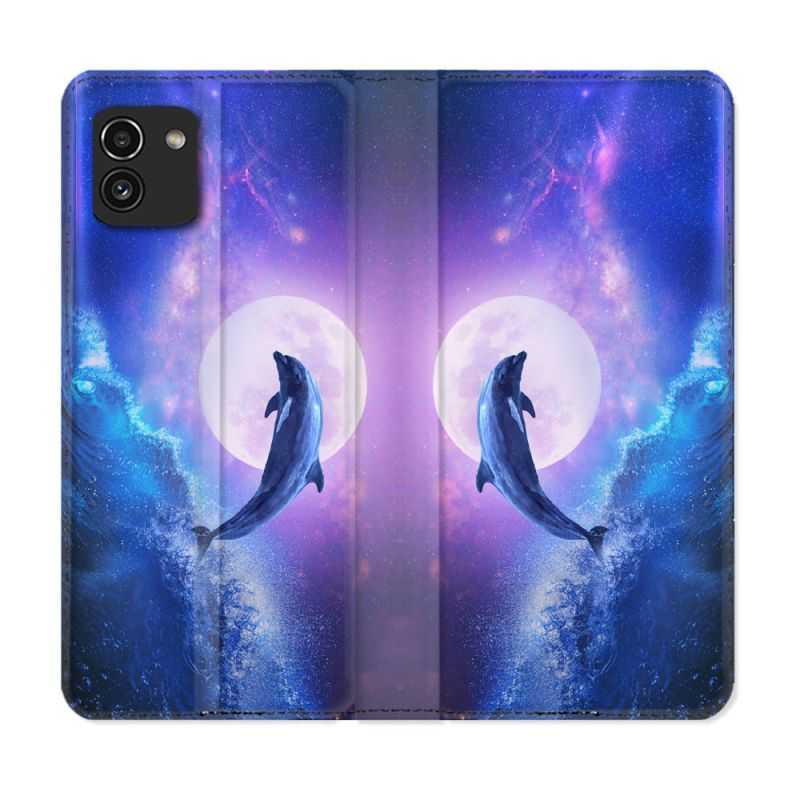Housse Cuir Portefeuille pour Samsung Galaxy A03 Animal Dauphin Vague