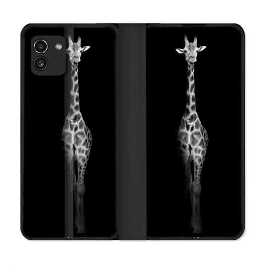 Housse Cuir Portefeuille pour Samsung Galaxy A03 Animal Girafe Noire