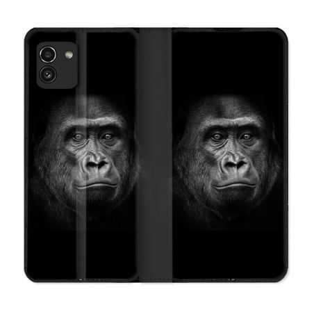 Housse Cuir Portefeuille pour Samsung Galaxy A03 Animal Gorille Noir