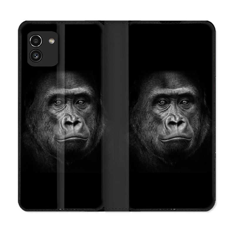 Housse Cuir Portefeuille pour Samsung Galaxy A03 Animal Gorille Noir