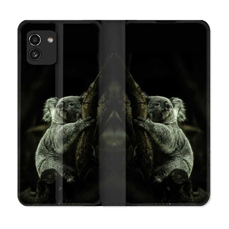 Housse Cuir Portefeuille pour Samsung Galaxy A03 Animal Koala Noir