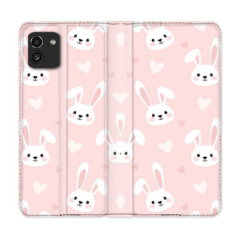 Housse Cuir Portefeuille pour Samsung Galaxy A03 Animal Lapin Rose