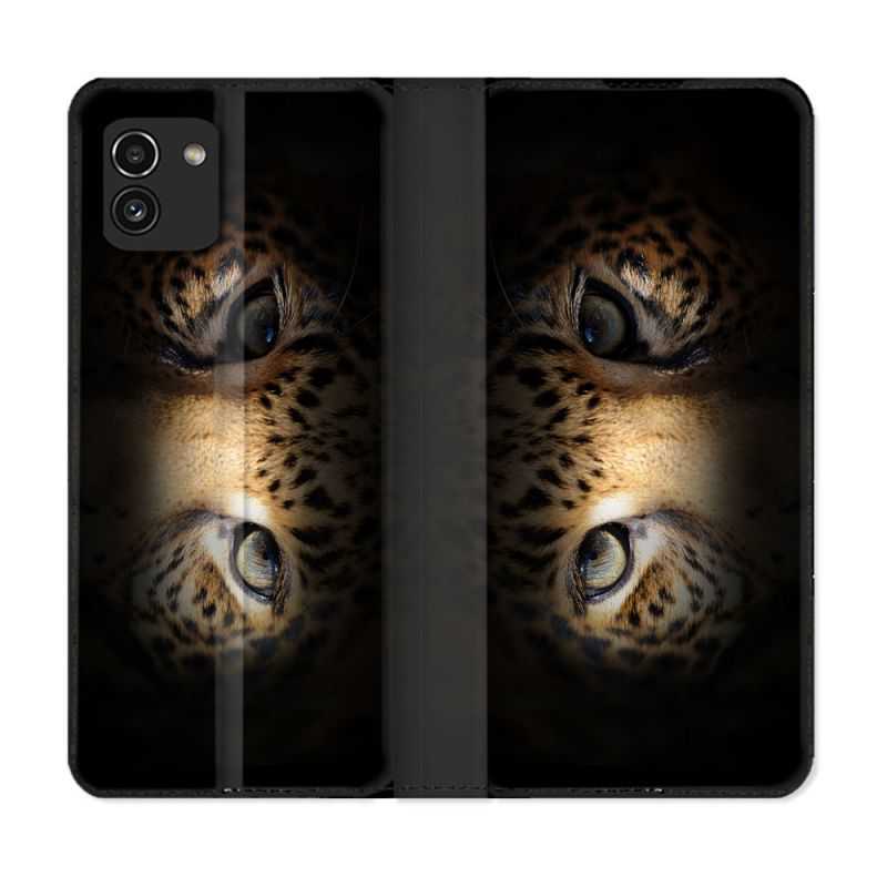 Housse Cuir Portefeuille pour Samsung Galaxy A03 Animal Leopard Yeux